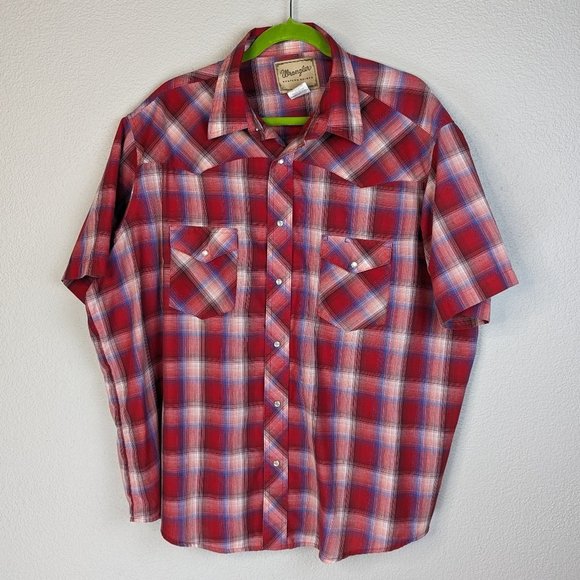 Wrangler Other - Wrangler Western Short sleeve shirt Red/White/Blue plaid with Pockets Size 2XL